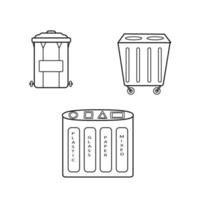 bidoni della spazzatura e contenitore, illustrazione vettoriale di una serie di serbatoi per lo smistamento dei rifiuti