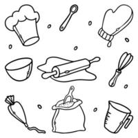 utensili da cucina e utensili da cucina. set di illustrazioni vettoriali per scarabocchi disegnati a mano con contorno di utensili da forno e stoviglie. forniture da forno per menu di progettazione.
