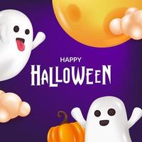 peek a boo felice spirito di halloween fantasma 3d emoji carino con luna e sfondo notturno viola vettore