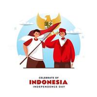 design piatto due giovani celebrano il giorno dell'indipendenza dell'Indonesia vettore