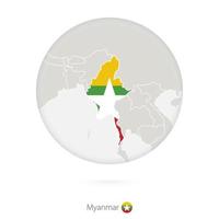 mappa del Myanmar e bandiera nazionale in un cerchio. vettore