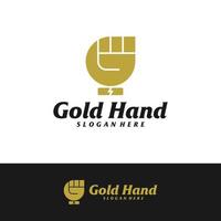 modello di progettazione del logo della mano d'oro. vettore del concetto di logo della mano serrata. simbolo dell'icona creativa