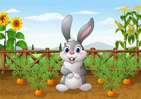 coniglio cartone animato con pianta di carote in giardino vettore