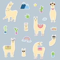 set di simpatici adesivi lama. simpatici alpaca con diversi accessori, montagna, cactus. vettore