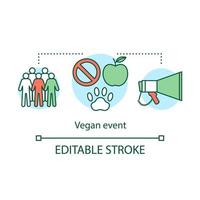 icona del concetto di evento vegano. illustrazione di linea sottile di idea di stile di vita vegetariano. attività sociale, protesta, protezione degli animali. gruppo di attivisti e megafono vettore isolato disegno del profilo. tratto modificabile