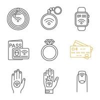 Icone lineari della tecnologia NFC impostate. chip da campo vicino, gingillo, smartwatch, sistema di identificazione, anello, carta di credito, adesivo, impianto manuale, manicure. illustrazioni di contorno vettoriale isolate. tratto modificabile