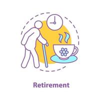 icona del concetto di pensione. illustrazione della linea sottile dell'idea della senilità. anziano. vecchia signora, tazza di tè e orologio. disegno di contorno isolato vettoriale