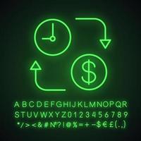 il tempo è denaro icona della luce al neon. orologio con il simbolo del dollaro. depositare. conversione del tempo in denaro. segno luminoso con alfabeto, numeri e simboli. illustrazione vettoriale isolato