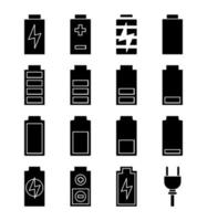 icone del glifo di ricarica della batteria impostate. indicatori del livello della batteria. carica bassa, media e alta. simboli di sagoma. illustrazione vettoriale isolato