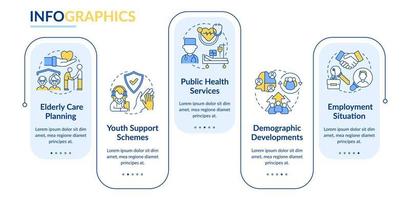 modello di infografica rettangolo di esempi di lavoro sociale. cambiamenti della comunità. visualizzazione dei dati con 5 passaggi. grafico delle informazioni sulla sequenza temporale del processo. layout del flusso di lavoro con icone di linea. vettore