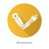 icona del glifo con ombra lunga design piatto giallo biomeccanica. studiare e copiare i movimenti del corpo. braccio robotico. proprietà meccaniche dei sistemi biologici. bioingegneria. illustrazione della siluetta di vettore