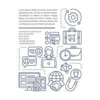 modello vettoriale della pagina dell'articolo freelance. lavoro in linea. lavoro a distanza. brochure, rivista, elemento di design opuscolo con icone lineari e caselle di testo. disegno di stampa. illustrazioni concettuali con spazio di testo