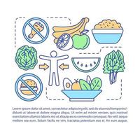 modello vettoriale della pagina dell'articolo del piano nutrizionale. opuscolo di stile di vita vegetariano, rivista, elemento di design opuscolo con icone lineari e caselle di testo. disegno di stampa. illustrazioni concettuali con spazio di testo