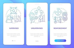 categorie di apprendimento automatico schermata dell'app mobile onboarding gradiente blu. procedura dettagliata 3 passaggi pagine di istruzioni grafiche con concetti lineari. ui, ux, modello gui. vettore