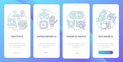 tipi di intelligenza artificiale schermata dell'app mobile onboarding gradiente blu. procedura dettagliata 4 passaggi pagine di istruzioni grafiche con concetti lineari. ui, ux, modello gui. vettore