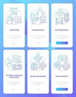 set di schermate dell'app mobile per l'onboarding del gradiente blu del sistema di intelligenza artificiale. procedura dettagliata 3 passaggi pagine grafiche con concetti lineari. ui, ux, modello gui. vettore