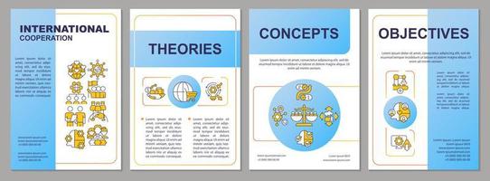 modello di brochure blu di cooperazione internazionale. progresso della società. design volantino con icone lineari. 4 layout vettoriali per la presentazione, relazioni annuali.