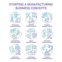 set di icone di concetto di gradiente blu di inizio attività di produzione. idee del processo di produzione delle merci illustrazioni a colori a linee sottili. simboli isolati. medio-robot, vettore