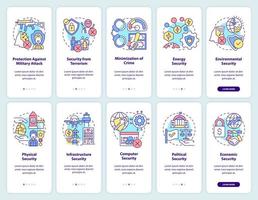 set di schermate dell'app mobile per l'onboarding della sicurezza nazionale e internazionale. procedura dettagliata 5 passaggi pagine di istruzioni grafiche con concetti lineari. ui, ux, modello gui. vettore