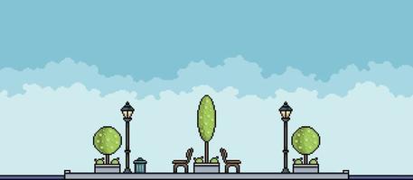 parco pixel con albero, aiuole, panchine, vasi e pattumiera paesaggio urbano. sfondo del paesaggio urbano per il gioco a 8 bit vettore