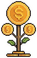 pixel art coin plant, investimento e finanza icona del gioco a 8 bit su sfondo bianco vettore