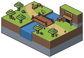 pixel art paesaggio isometrico, con ponte, alberi, erba, fiume, scenario di gioco a 8 bit vettore