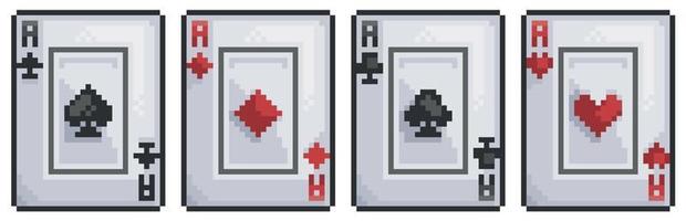 carta da gioco pixel art, picche, cuori, oro, bastoncini vettore icona per gioco a 8 bit su sfondo bianco