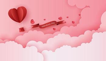 carta d'amore e San Valentino con palloncino cuore di carta e confezione regalo galleggiano nel cielo blu. può essere utilizzato per carta da parati, inviti, poster, banner. disegno vettoriale