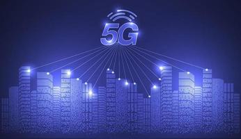 Rete 5g connessione internet wireless connessione wi-fi e internet delle cose con il moderno skyline della città. concetto di città intelligente e rete di comunicazione. telecomunicazioni ad alta velocità a banda larga. disegno vettoriale. vettore