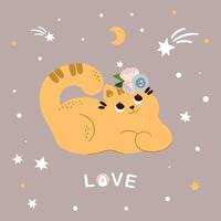 simpatico gatto rosso felice sta sognando tra le stelle. illustrazioni per bambini. stile cartone animato piatto per baby shower, baby store, libri vettore