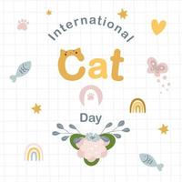 giornata internazionale del gatto su uno sfondo a scacchi elementi decorativi del gatto. Miao. vettore