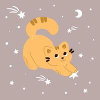 simpatico gatto rosso felice si estende tra le stelle. illustrazioni per bambini. stile cartone animato piatto per baby shower, baby store, libri vettore