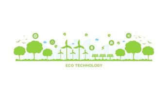 tecnologia ecologica o concetto ambientale moderna città verde e foglie di piante che crescono all'interno. stile di vita urbano ecologico con icone sulla connessione di rete. disegno vettoriale