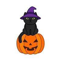 gatto nero con un cappello da strega si siede su una zucca di Halloween vettore