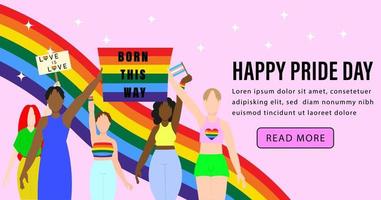 parata del gay pride. un gruppo interrazziale di gay, lesbiche, transessuali che partecipano all'orgoglio lgbt. illustrazione vettoriale in uno stile piatto. modello di banner lgbtq su sfondo rosa.