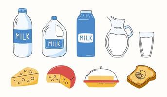 raccolta di prodotti lattiero-caseari e agricoli in stile piatto. latte, burro, formaggio, fetta di pane. vettore