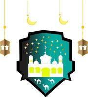 eid al-adha con moschea, icona di lanterna a stella e cammello. vettore