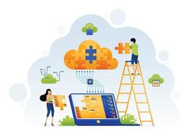 illustrazione di persone che risolvono problemi su sistemi cloud tecnologici con cooperazione e collaborazione nello sviluppo di app. il design può essere per la pagina di destinazione, il poster del sito Web, il banner, le app mobili, gli annunci sui social media vettore