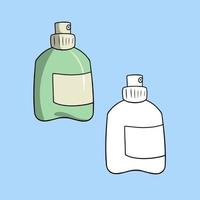 una serie di immagini, una bottiglia di plastica verde, una bottiglia spray, un'illustrazione vettoriale in stile cartone animato su sfondo colorato