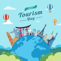 giornata mondiale del turismo. l'iscrizione sul globo. intorno ai monumenti dell'architettura. illustrazione vettoriale piatta