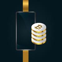 mazzo di monete bitcoin argento e oro illustrazione con smartphone vettore
