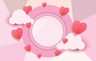 elementi tagliati in carta a forma di cuore e nuvola con cornice circolare con un saluto su sfondo rosa e dolce. simboli vettoriali d'amore per il giorno di San Valentino felice, disegno della cartolina d'auguri.