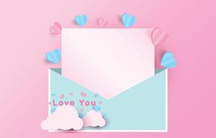 mockup di carta per lettere di san valentino decorato con taglio di carta a forma di cuore rosso e blu, illustrazione per san valentino o giorno dell'amore, busta vettoriale. vettore