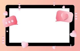 cornice per foto social media tablet, con pulsante amore cuore 3d e invio di messaggi per coppia, chat concettuale per San Valentino, illustrazione vettoriale
