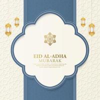 eid mubarak sfondo di lusso bianco arabo islamico con motivo geometrico e bellissimo ornamento con lanterne vettore