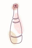 disegno a linea singola della bottiglia su macchie di colore strutturate. stile di arte linea disegnata a mano di vettore. sfondo strutturato. vettore