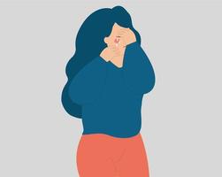 giovane donna stressata che piange e si copre il viso. ragazza adolescente triste che piange emozioni negative e sente depressione. concetto di disturbo di salute mentale. illustrazione di abusi e bullismo sulle donne. vettore