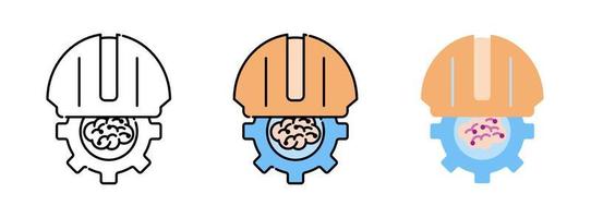 casco e cervello con set di icone di ingranaggi isolati su sfondo bianco per il web design vettore