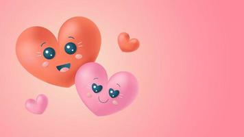 3d realistici simpatici personaggi d'amore cuori kawaii. design banner di san valentino con spazio di copia. illustrazione di riserva di vettore. vettore