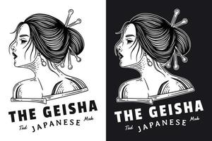 set dark art donne geisha giapponese ragazza maschera teschio tatuaggio vintage disegnato a mano stile incisione vettore